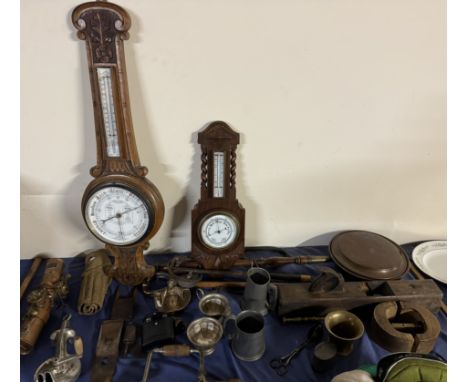 A pair of Ceag Ltd copper inspection lamps, together with a hunting whip, shooting stick, pewter mugs, barometers, bed warmin