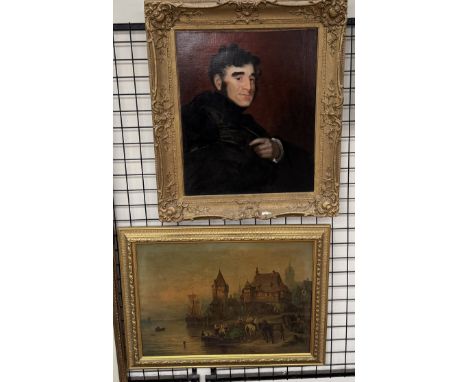 19th Century British SchoolHead and shoulder portrait of a gentlemanOil on canvasTogether with a continental street scene pri