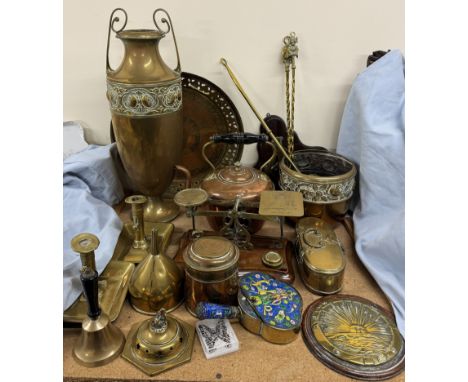 A brass postal scales together with a brass twin handled vase, brass candlesticks, copper kettle, brass fire irons etc 