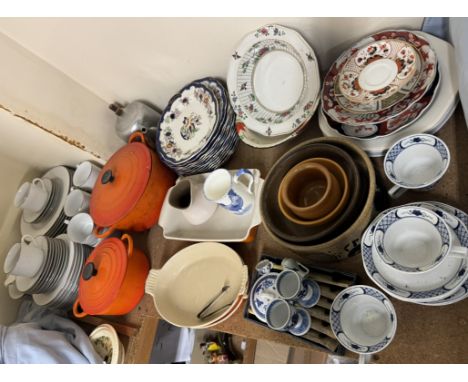 A Royal Worcester Classic Platinum part tea and dinner service together with Le Creuset pots, pottery bowls, part dinner set 