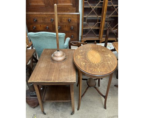 An Edwardian inlaid mahogany occasional table together with a card table on casters and a copper wash dolly