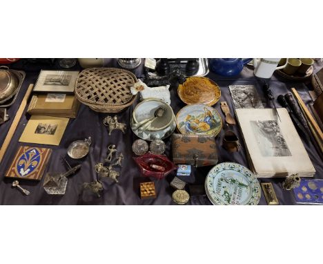 A Maw and Co pottery tile together with prints, bronzed wall plaque, inlaid pointer, African carvings, scent bottles, Franz M