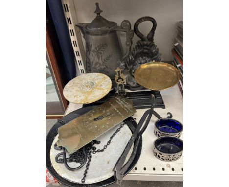 A cast iron lions head door stop together with a Meriden company Jas Stimpson patent electroplated coffee pot, scales etc 