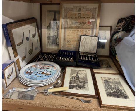 A cased set of silver cake forks, electroplated flatwares, collectors plates, etching and share certificate