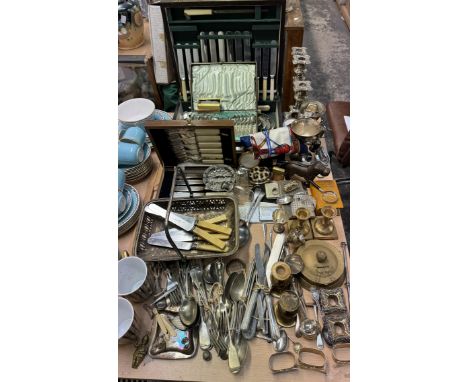 A canteen of cutlery together with loose cutlery, nut cracker, watches, compacts etc