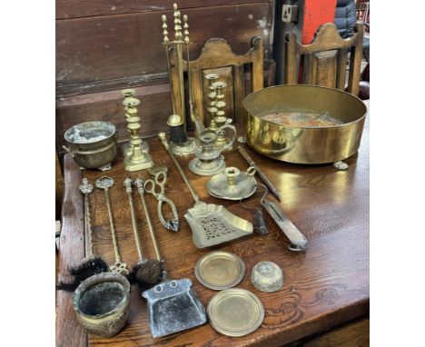 A brass shallow planter together with two pair of brass candlesticks, brass fire irons, etc 