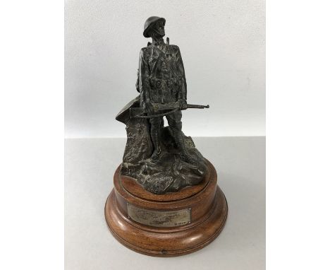 Bronzed figurine of a Soldier on a Mahogany Plinth with a Hallmarked silver Plaque which reads "AMERICAN EXPEDITIONARY FORCE 