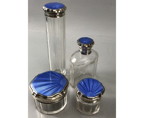 Silver hallmarked Birmingham Glass Silver and Blue enamel dressing table set of bottles and pots (four in total) all hallmark