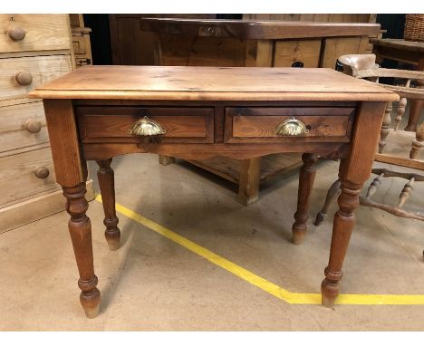 Pine console / hall table with two drawers and brass scalloped cup handles, approx 92cm x 46cm x 77cm tall