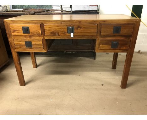 Modern light oak desk of five drawers on square legs, approx 50cm x 130cm x 80cm tall