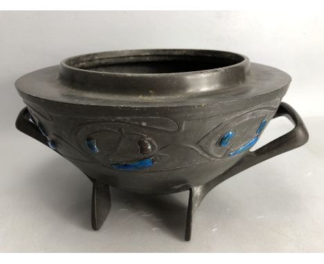 Pewter &amp; Enamel urn with Blue applied enamel and twin handles in the Arts &amp; Crafts style