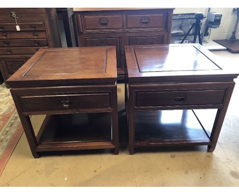 Pair of Imported Chinese rosewood side tables with carved detailing, drawer and shelf under, approx 56cm square