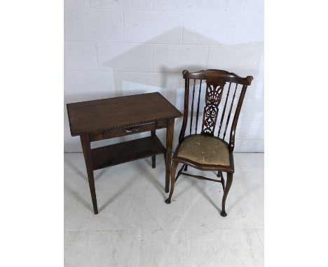 Occasional table with shelf and draw under and beading to edges, along with single turned bedroom chair