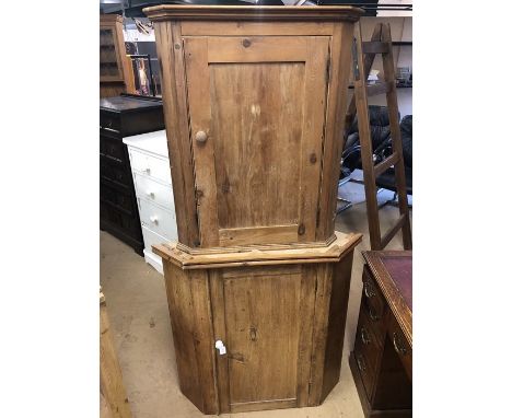 Antique pine corner cupboard with ceramic handles, two internal shelves and original key