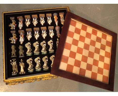 Fantasy themed chess set with board skeleton kings and knights etc in a decorative case CONDITION REPORT: Height of tallest p