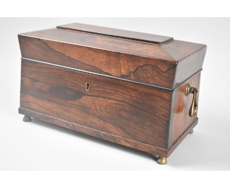 A Mid 19th Century Rosewood Three Division Tea Caddy of Sarcophagus Form, Bone Handles to Box Lids, Ormolu Bun Feet, 30cms Wi