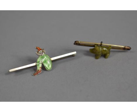 An Early 20th Century Gold Plated Bar Brooch with Carved Connemara Marble Pig together with a Sterling Silver and Enamel Pixi