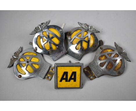 A Collection of Four Vintage Chrome and Yellow AA Badges together with a Later Square Example 