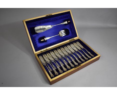 An Edwardian Mahogany Canteen Containing 12 Silver Plated Fish Knives and Forks and Pair of Servers, All with Engraved Decora