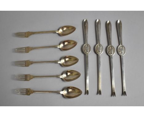 Four Lobster Forks/Picks by James Deakin &amp; Sons in Silver Plate for the Mount Murray Hotel, Isle of Man 1944 Together wit