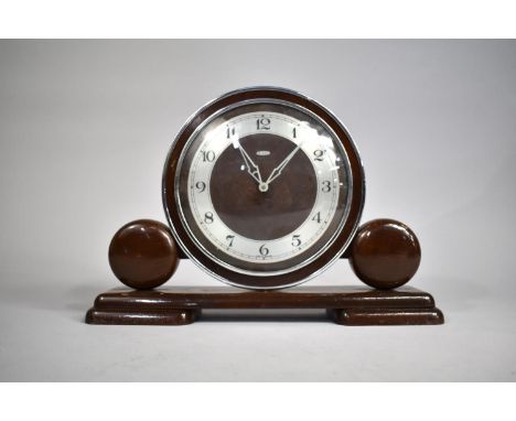 An Art Deco Chrome and Wooden Mantel Clock of Circular Form by Metamec, Plinth Base 30cms Wide, Movement Needs Attention 