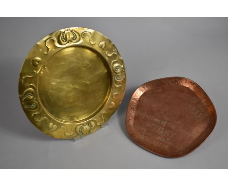 A Vintage Copper Advertising Tray for Teachers Highland Cream Dated 1930 together with an Art Nouveau Brass Breadboard Stand,