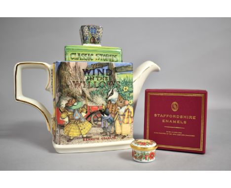 A Novelty Wind in The Willows Teapot by James Sadler together with a Small Enamel Circular Box by Staffordshire Enamels 