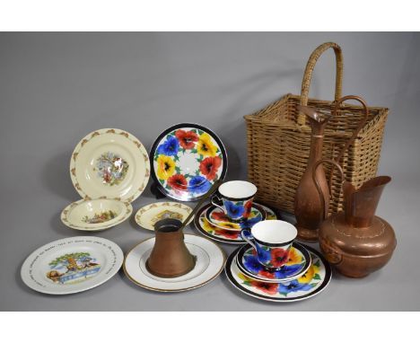 A Collection of Various Items to comprise Wicker Basket with Loop Handle, Copperware, Bunnykins China, Floral Painted Cups an