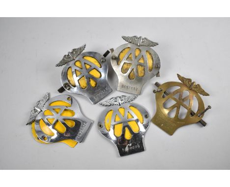 A Collection of One Pressed Brass and Four Chrome and Yellow Vintage AA Badges 