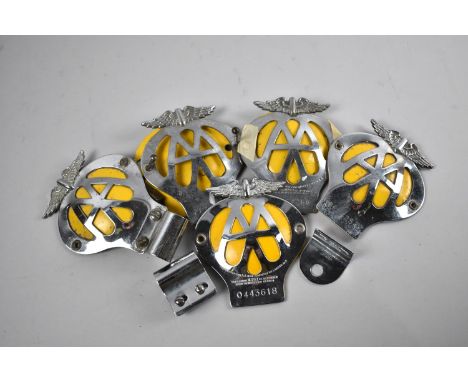 A Collection of Five Vintage Chrome and Yellow AA Badges 