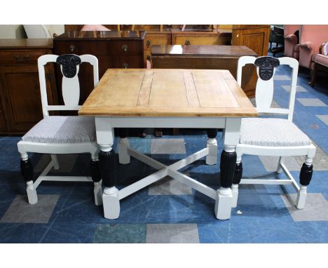 A Vintage Former Drawer Leaf Dining Table with Painted Base and Pair of Matching Chairs 