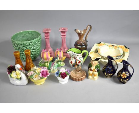 A Collection of Various Ceramics to comprise Green Glazed Sylvac Leaf Stylised Planter, No 2932, Pink Glazed Candlestick, Tre