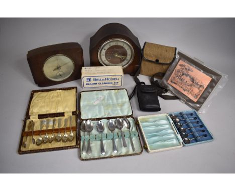 A Collection of Various Sundries to Comprise Elco Mantel Clock, Barometer, Both in Need of Attention, Boxed Camera, Cased Spo
