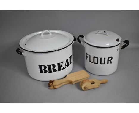 Two Vintage White Enamelled Bins for Flour and Bread, The Latter 31cms Diameter 