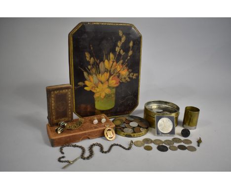 A Vintage Tin and Contents Comprising Copper and Silver Coinage to Include American Quarter Dollars, Victorian 1899 Half Rupe
