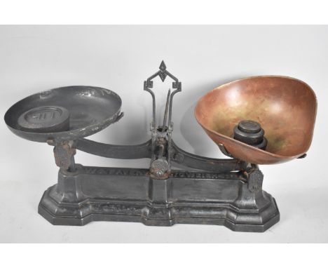 A Set of Vintage Cast Iron Kitchen Scales with Weights by W and T Avery, 44cms Wide 