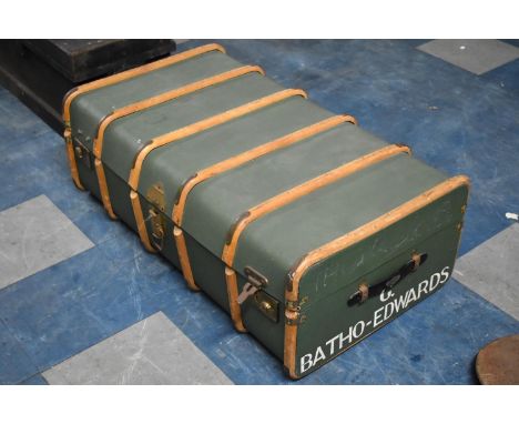 A Vintage Wooden Banded Travelling Trunk, Stencilled Inscription to Sides G.Batho-Edwards, 90cms Wide 