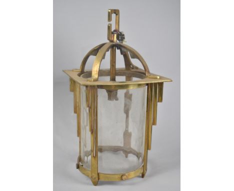A Vintage Brass Hall Ceiling Lantern Shade with Circular Glass Inner, Art Deco Influenced Frame, 38cms High 