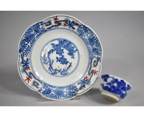 A Japanese Blue and White Plate with Applied Coloured Enamel Highlights Together with a Japanese Blue and White Porcelain Tea