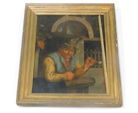 19thC Dutch School. Figure smoking pipe, interior tavern scene, oil on panel, unsigned, 52cm x 38cm, (AF).