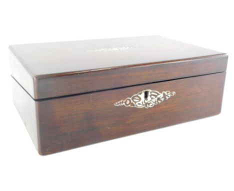 A 19thC and later rosewood writing slope, of rectangular form with mother of pearl inlay to the escutcheon and lid, hinging t