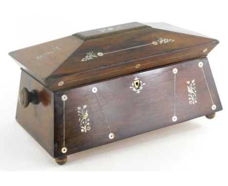 An early 19thC and later Regency rosewood sarcophagus shaped tea caddy, of rectangular form with turned side handles and a mo