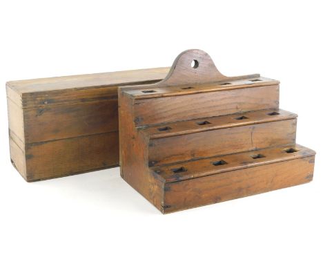 Various bygones treen, etc., a 20thC pine box of rectangular form with visible dovetails, a three tiered stand, probably a pi