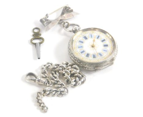 A Victorian silver ladies fob watch, serial number 359072, with an enamel Roman numeric dial, with bow clip and watch chain.