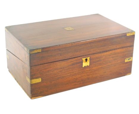 A 19thC writing slope, with metal escutcheons and vacant shield shaped cartouche, 36cm wide, the hinged lid revealing a part 