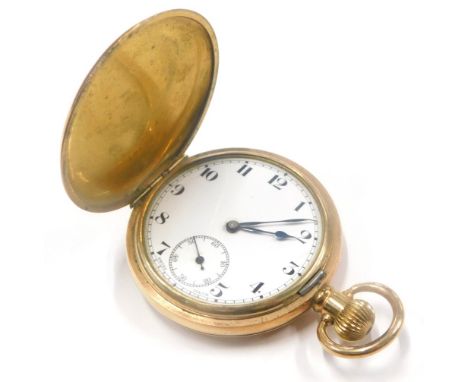 A Star Dennison gold plated hunter pocket watch, with white enamel dial, blue hands, cased.