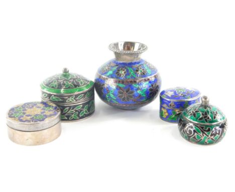 Various miniature enamel on silver jars, boxes, etc., an oval pill box with removable lid heavily decorated with flowers, 2cm