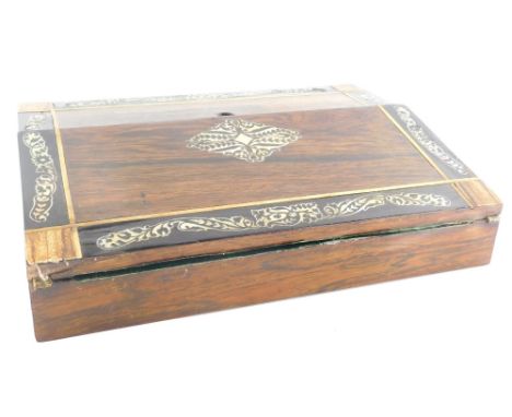 A late 19thC and later rosewood and inlaid laptop writing slope, the hinged lid revealing a tool leather interior, 35cm wide.