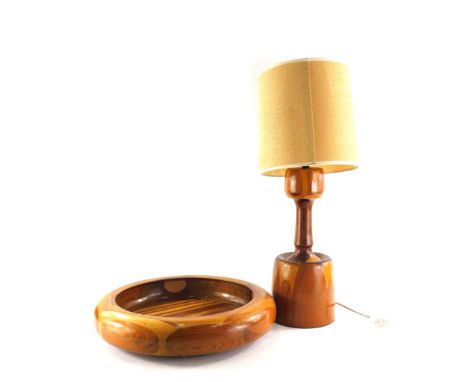 A turned hardwood wooden bowl, 41cm diameter, and a matching table lamp. WARNING! This lot contains untested or unsafe electr