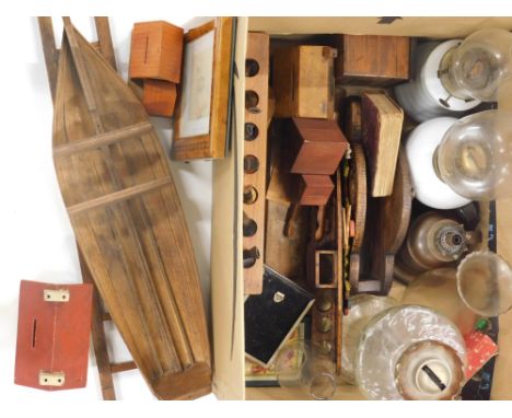 Various bygones collectables, glassware, treen money boxes, house money box, national savings banks, small quantity of bygone